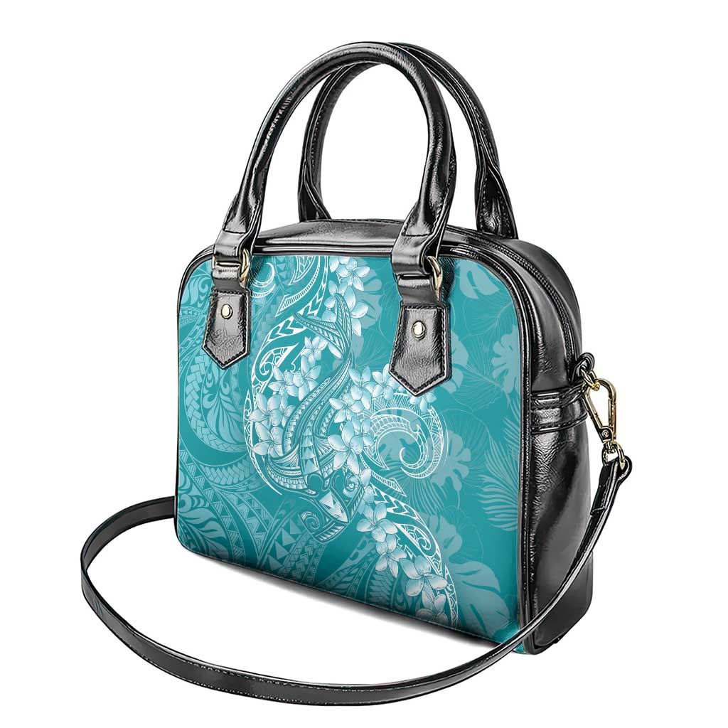 Teal Polynesia Hammerhead Shark Tattoo With Plumeria Lei Shoulder Handbag