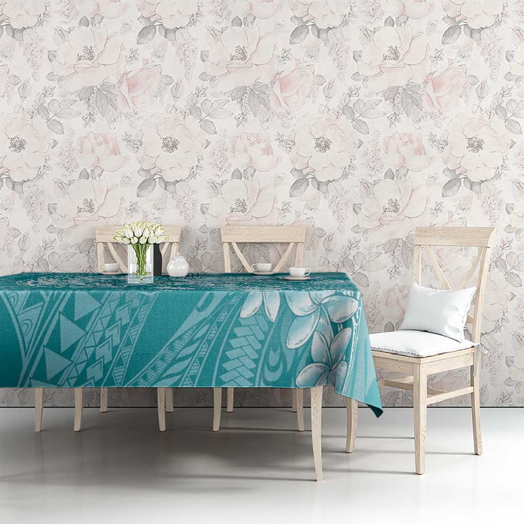 Teal Polynesia Hammerhead Shark Tattoo With Plumeria Lei Tablecloth