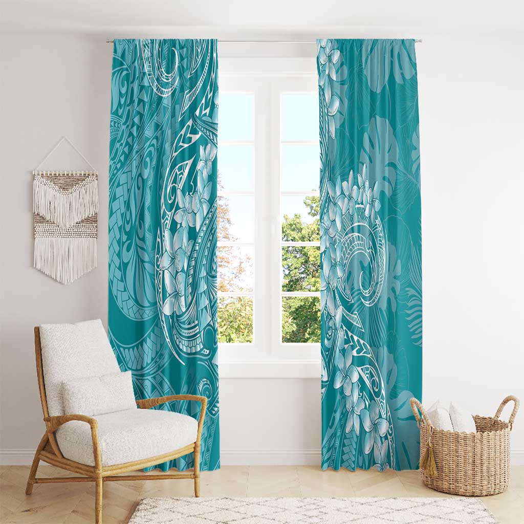 Teal Polynesia Hammerhead Shark Tattoo With Plumeria Lei Window Curtain
