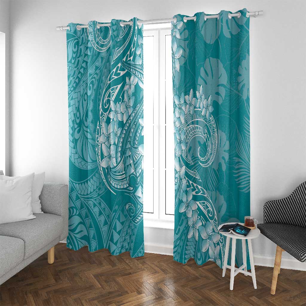 Teal Polynesia Hammerhead Shark Tattoo With Plumeria Lei Window Curtain