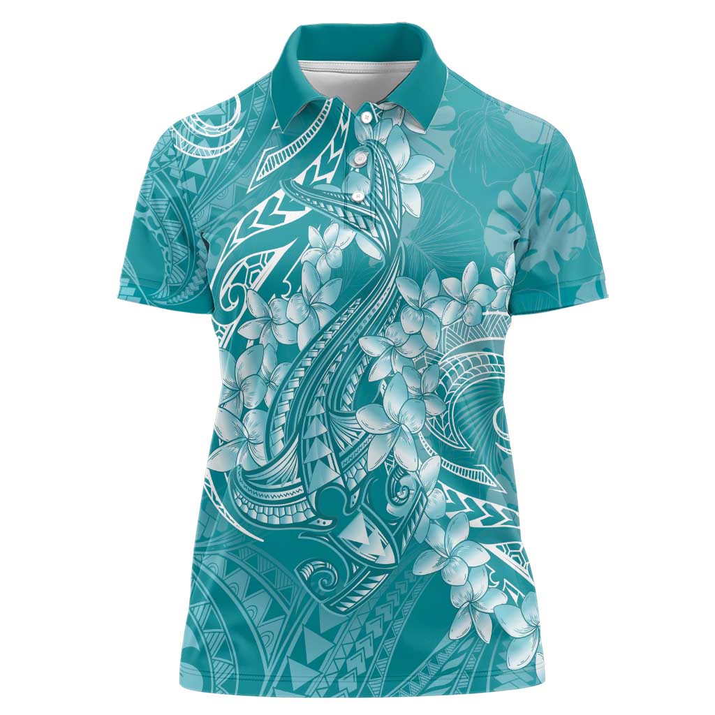 Teal Polynesia Hammerhead Shark Tattoo With Plumeria Lei Women Polo Shirt