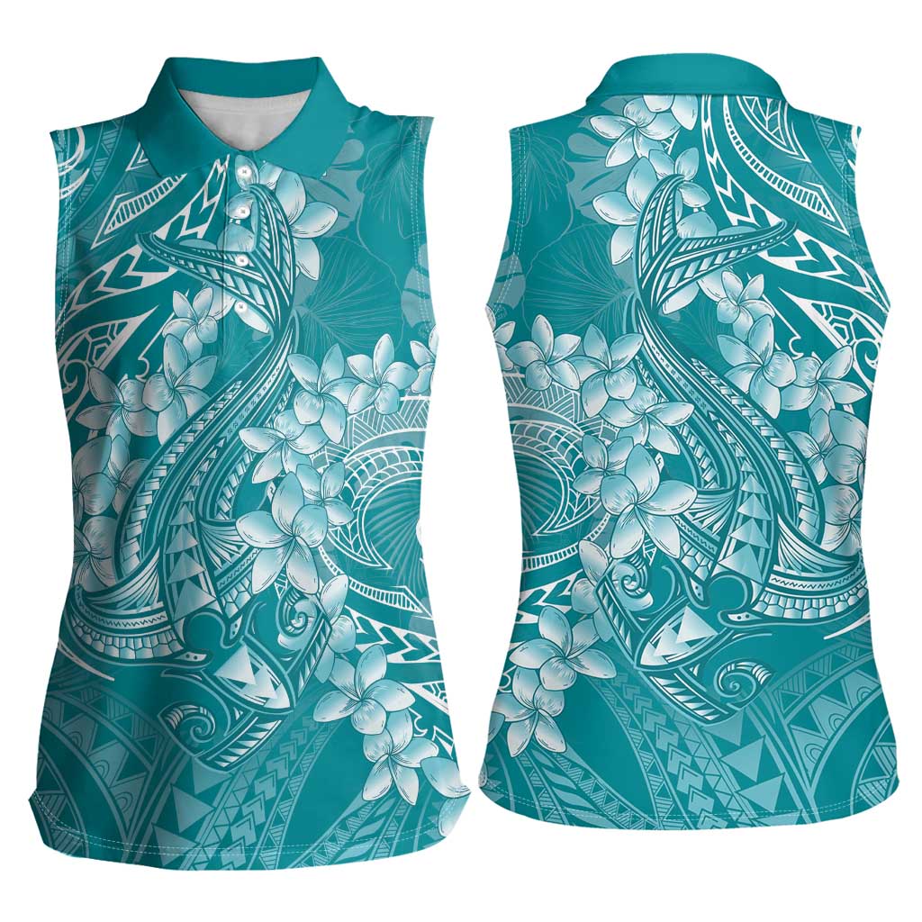 Teal Polynesia Hammerhead Shark Tattoo With Plumeria Lei Women Sleeveless Polo Shirt