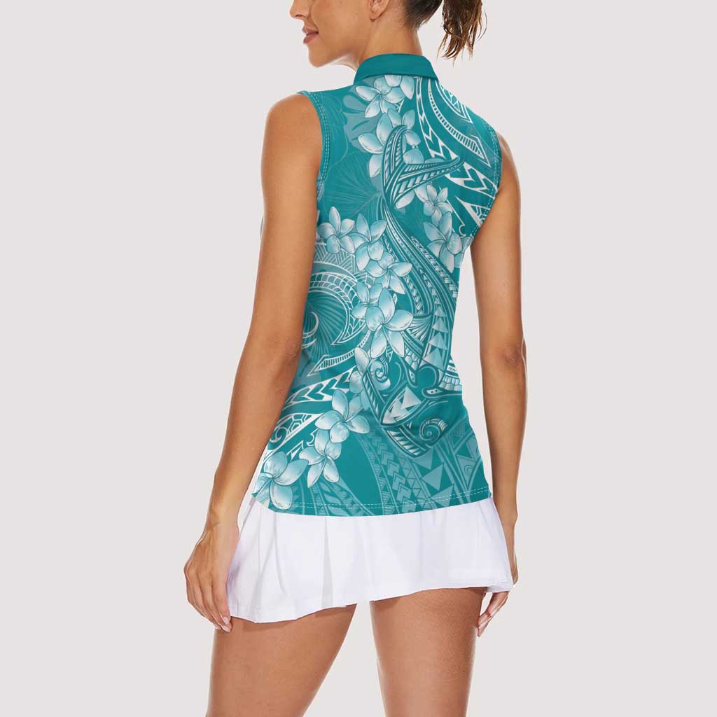 Teal Polynesia Hammerhead Shark Tattoo With Plumeria Lei Women Sleeveless Polo Shirt