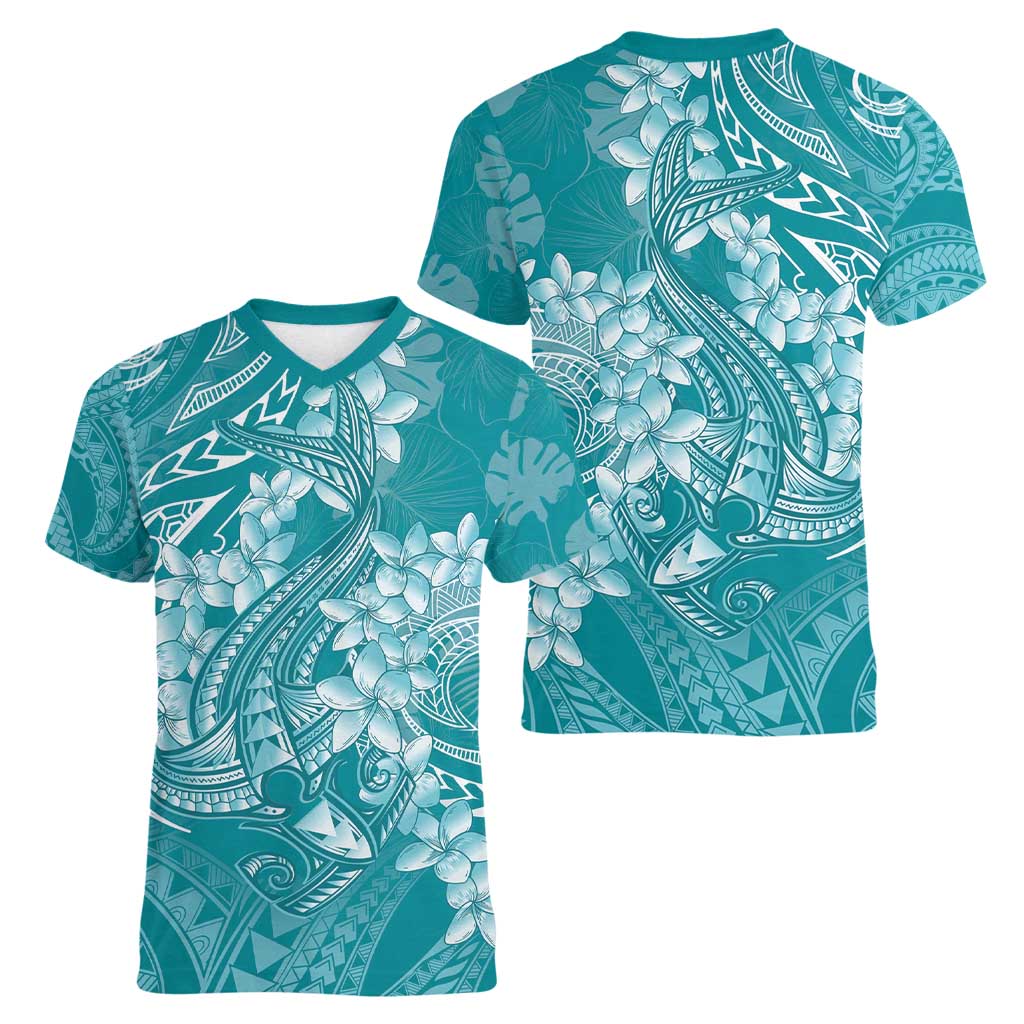 Teal Polynesia Hammerhead Shark Tattoo With Plumeria Lei Women V-Neck T-Shirt