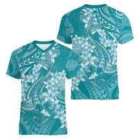 Teal Polynesia Hammerhead Shark Tattoo With Plumeria Lei Women V-Neck T-Shirt