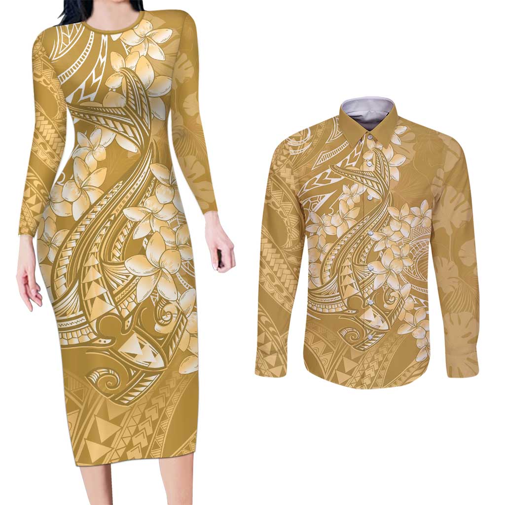 Yellow Polynesia Hammerhead Shark Tattoo With Plumeria Lei Couples Matching Long Sleeve Bodycon Dress and Long Sleeve Button Shirt