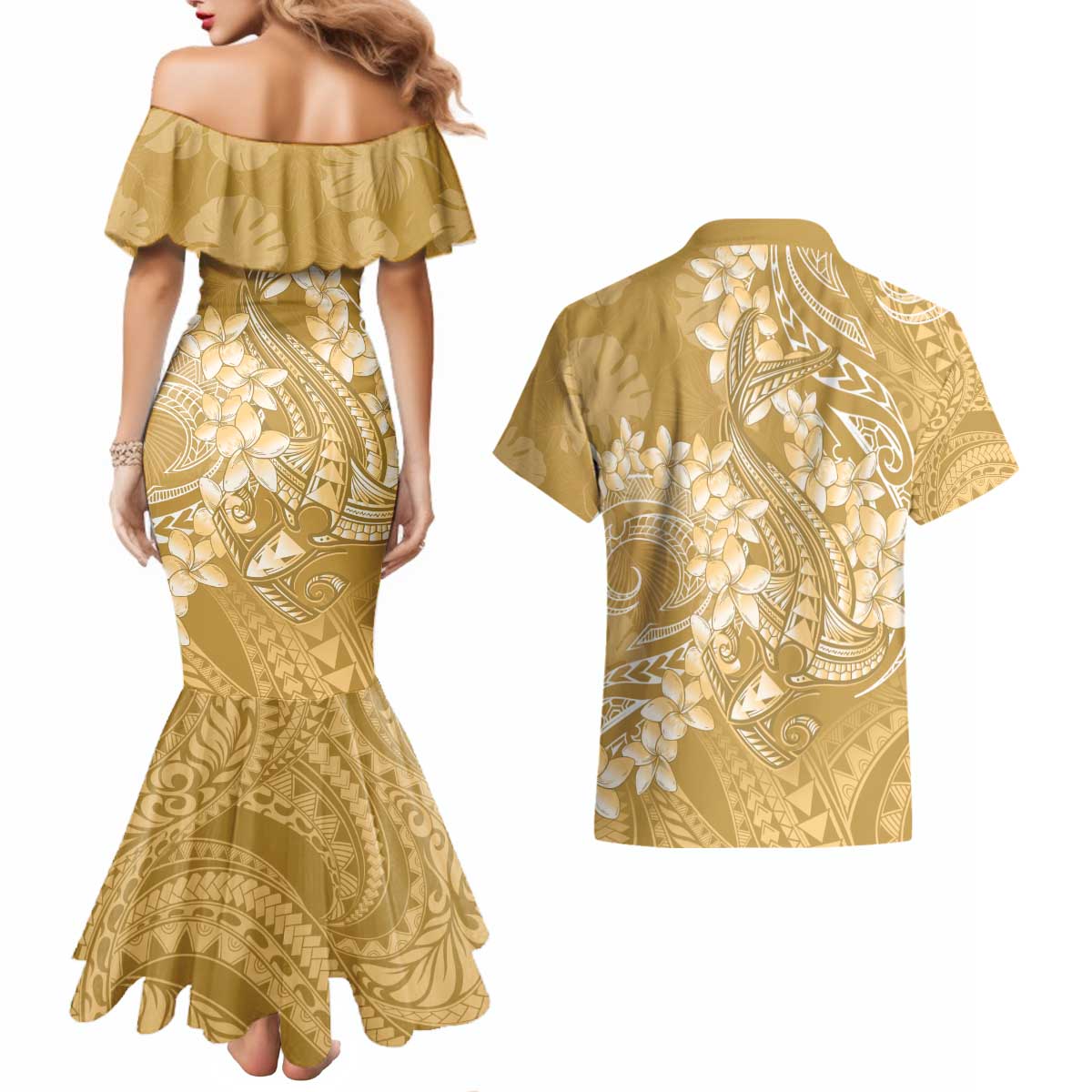Yellow Polynesia Hammerhead Shark Tattoo With Plumeria Lei Couples Matching Mermaid Dress and Hawaiian Shirt