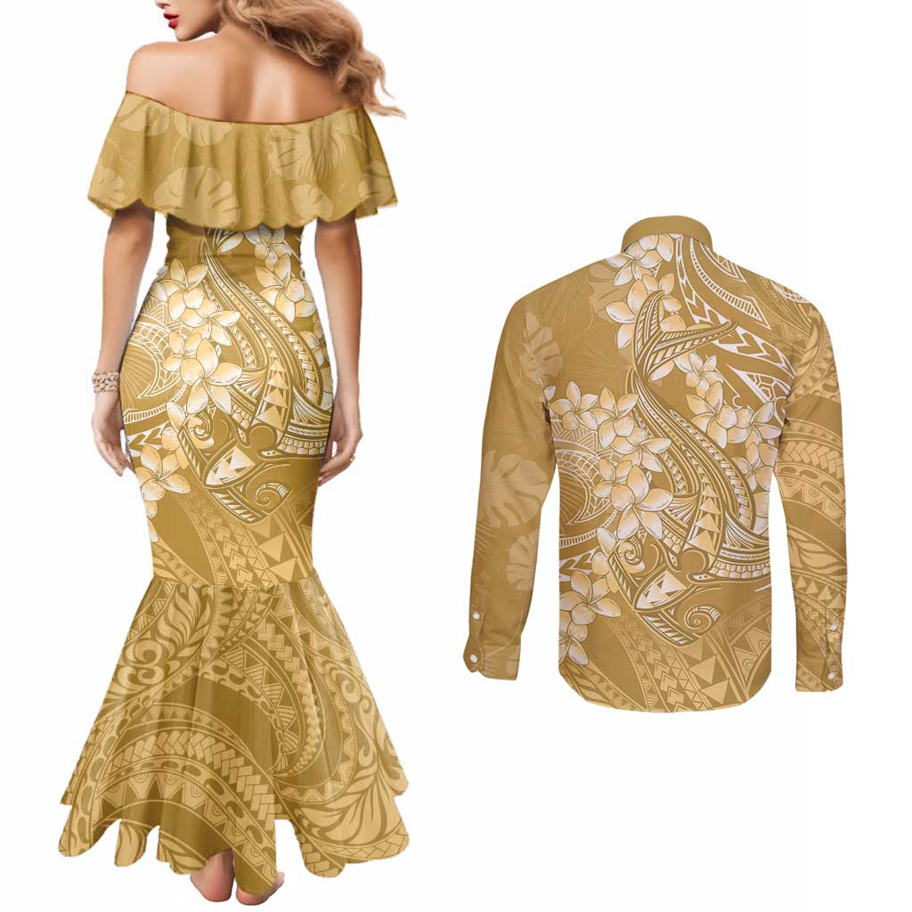 Yellow Polynesia Hammerhead Shark Tattoo With Plumeria Lei Couples Matching Mermaid Dress and Long Sleeve Button Shirt
