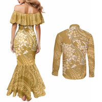Yellow Polynesia Hammerhead Shark Tattoo With Plumeria Lei Couples Matching Mermaid Dress and Long Sleeve Button Shirt