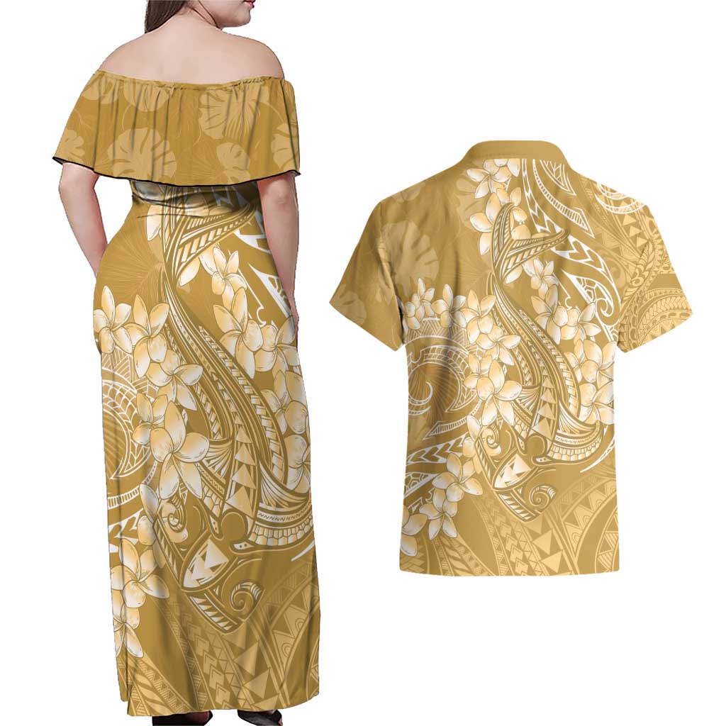 Yellow Polynesia Hammerhead Shark Tattoo With Plumeria Lei Couples Matching Off Shoulder Maxi Dress and Hawaiian Shirt