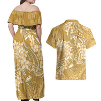 Yellow Polynesia Hammerhead Shark Tattoo With Plumeria Lei Couples Matching Off Shoulder Maxi Dress and Hawaiian Shirt