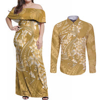 Yellow Polynesia Hammerhead Shark Tattoo With Plumeria Lei Couples Matching Off Shoulder Maxi Dress and Long Sleeve Button Shirt