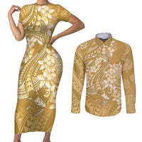 Yellow Polynesia Hammerhead Shark Tattoo With Plumeria Lei Couples Matching Short Sleeve Bodycon Dress and Long Sleeve Button Shirt