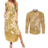Yellow Polynesia Hammerhead Shark Tattoo With Plumeria Lei Couples Matching Summer Maxi Dress and Long Sleeve Button Shirt