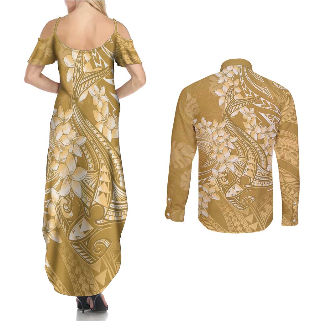 Yellow Polynesia Hammerhead Shark Tattoo With Plumeria Lei Couples Matching Summer Maxi Dress and Long Sleeve Button Shirt