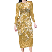 Yellow Polynesia Hammerhead Shark Tattoo With Plumeria Lei Family Matching Long Sleeve Bodycon Dress and Hawaiian Shirt LT14 Mom's Dress Yellow - Polynesian Pride