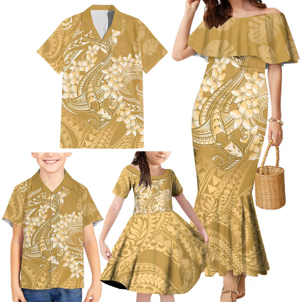Yellow Polynesia Hammerhead Shark Tattoo With Plumeria Lei Family Matching Mermaid Dress and Hawaiian Shirt LT14 - Polynesian Pride