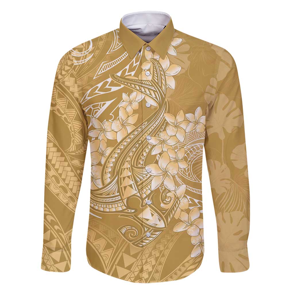 Yellow Polynesia Hammerhead Shark Tattoo With Plumeria Lei Family Matching Mermaid Dress and Hawaiian Shirt LT14 Dad's Shirt - Long Sleeve Yellow - Polynesian Pride