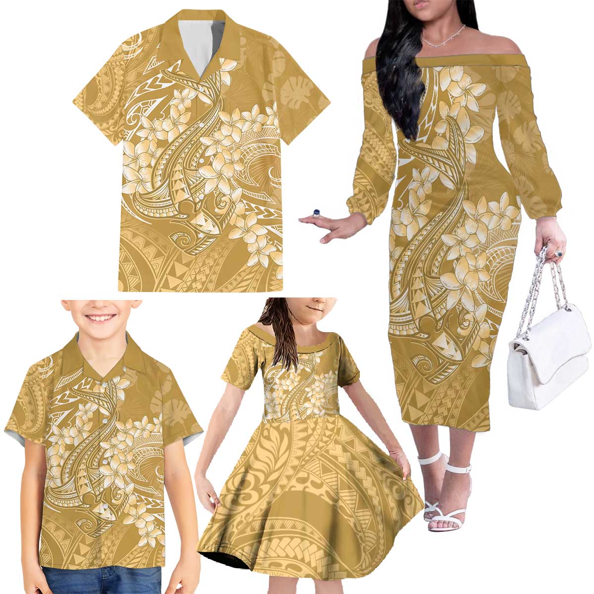 Yellow Polynesia Hammerhead Shark Tattoo With Plumeria Lei Family Matching Off The Shoulder Long Sleeve Dress and Hawaiian Shirt LT14 - Polynesian Pride