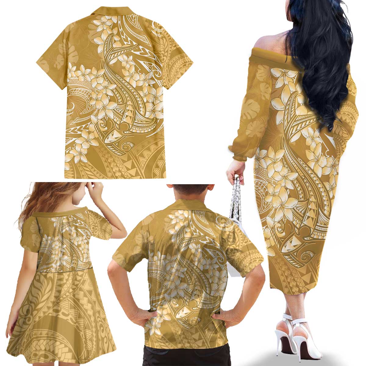 Yellow Polynesia Hammerhead Shark Tattoo With Plumeria Lei Family Matching Off The Shoulder Long Sleeve Dress and Hawaiian Shirt LT14 - Polynesian Pride