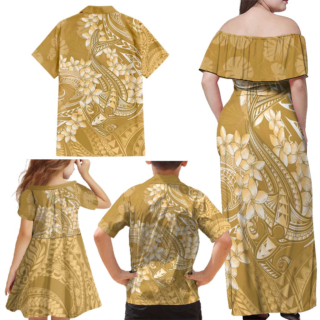 Yellow Polynesia Hammerhead Shark Tattoo With Plumeria Lei Family Matching Off Shoulder Maxi Dress and Hawaiian Shirt LT14 - Polynesian Pride