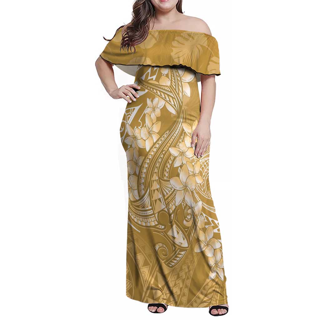 Yellow Polynesia Hammerhead Shark Tattoo With Plumeria Lei Family Matching Off Shoulder Maxi Dress and Hawaiian Shirt LT14 Mom's Dress Yellow - Polynesian Pride