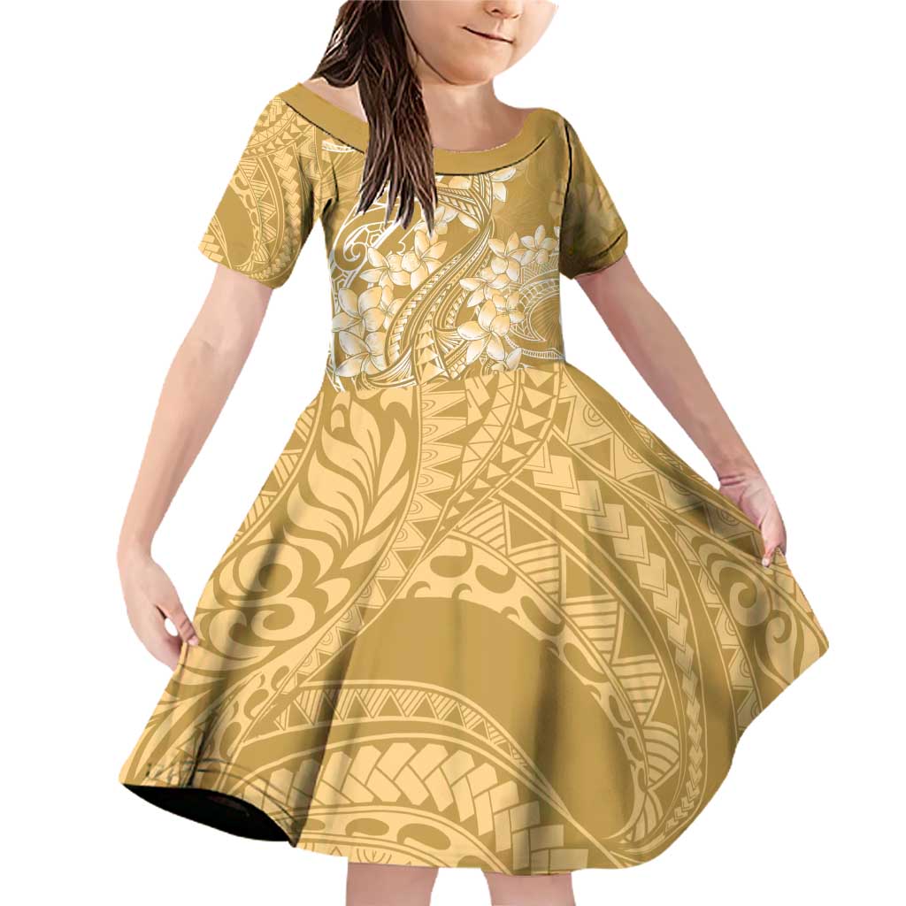 Yellow Polynesia Hammerhead Shark Tattoo With Plumeria Lei Family Matching Off Shoulder Short Dress and Hawaiian Shirt LT14 Daughter's Dress Yellow - Polynesian Pride