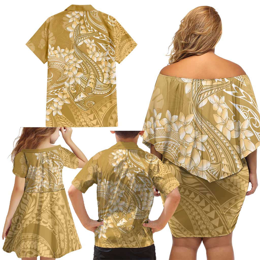 Yellow Polynesia Hammerhead Shark Tattoo With Plumeria Lei Family Matching Off Shoulder Short Dress and Hawaiian Shirt LT14 - Polynesian Pride