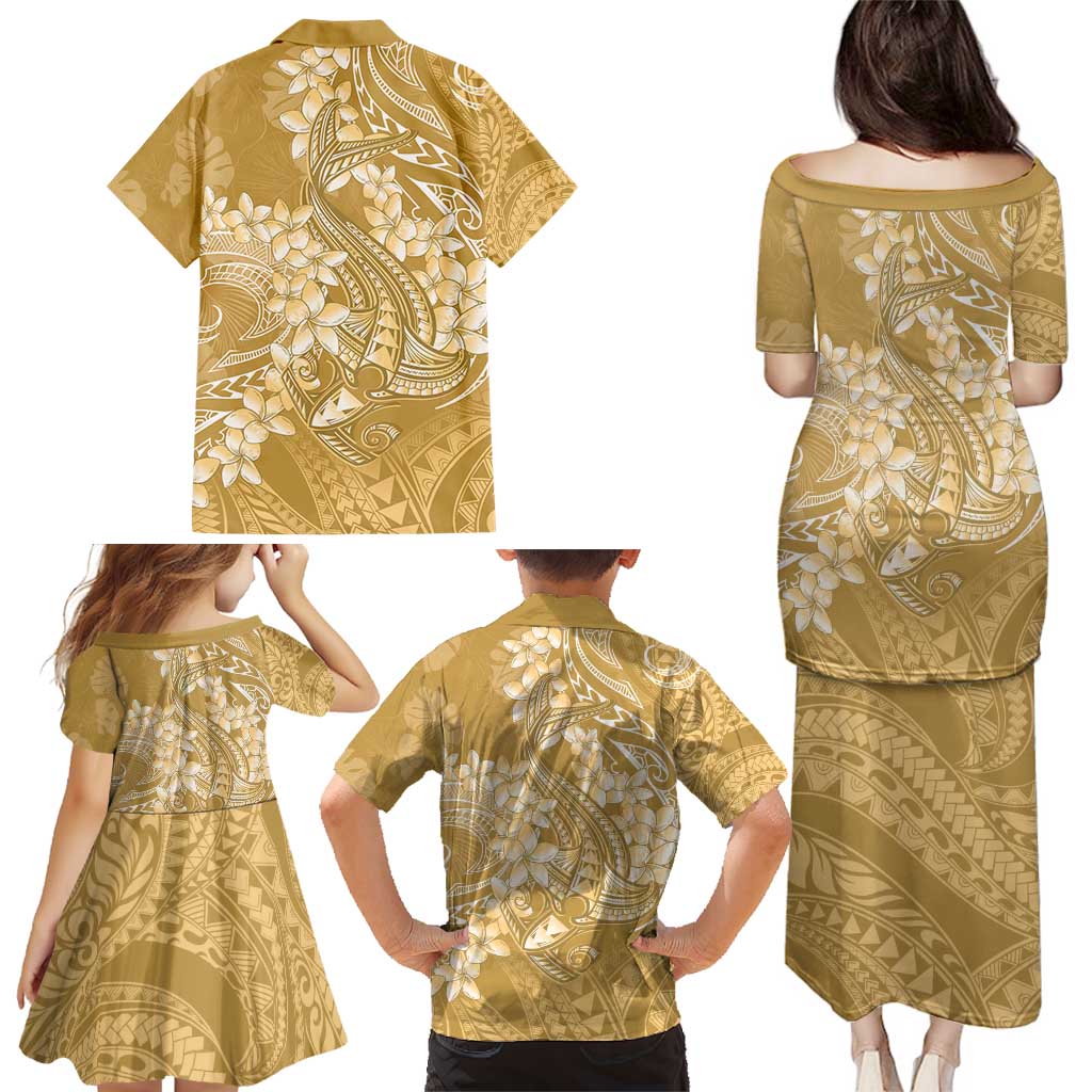 Yellow Polynesia Hammerhead Shark Tattoo With Plumeria Lei Family Matching Puletasi and Hawaiian Shirt