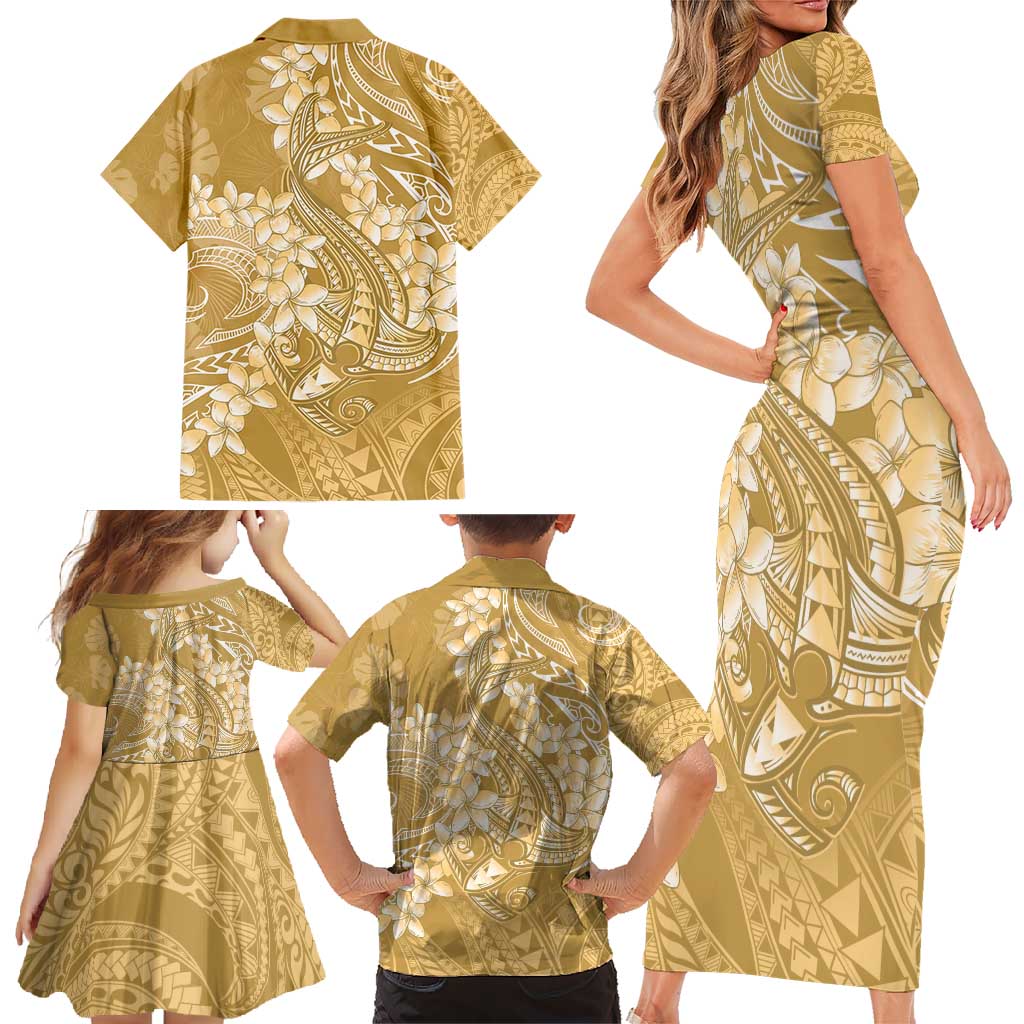 Yellow Polynesia Hammerhead Shark Tattoo With Plumeria Lei Family Matching Short Sleeve Bodycon Dress and Hawaiian Shirt LT14 - Polynesian Pride