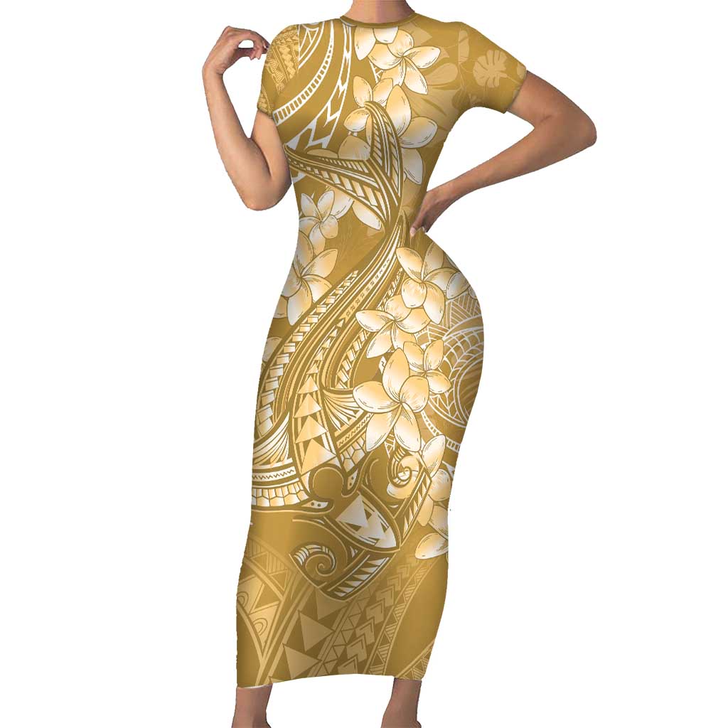 Yellow Polynesia Hammerhead Shark Tattoo With Plumeria Lei Family Matching Short Sleeve Bodycon Dress and Hawaiian Shirt LT14 Mom's Dress Yellow - Polynesian Pride
