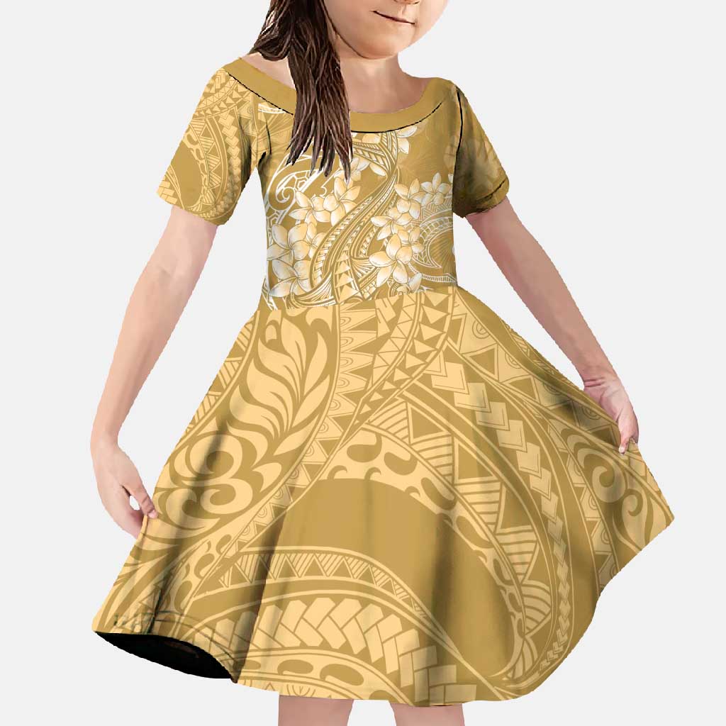 Yellow Polynesia Hammerhead Shark Tattoo With Plumeria Lei Family Matching Tank Maxi Dress and Hawaiian Shirt LT14 Daughter's Dress Yellow - Polynesian Pride