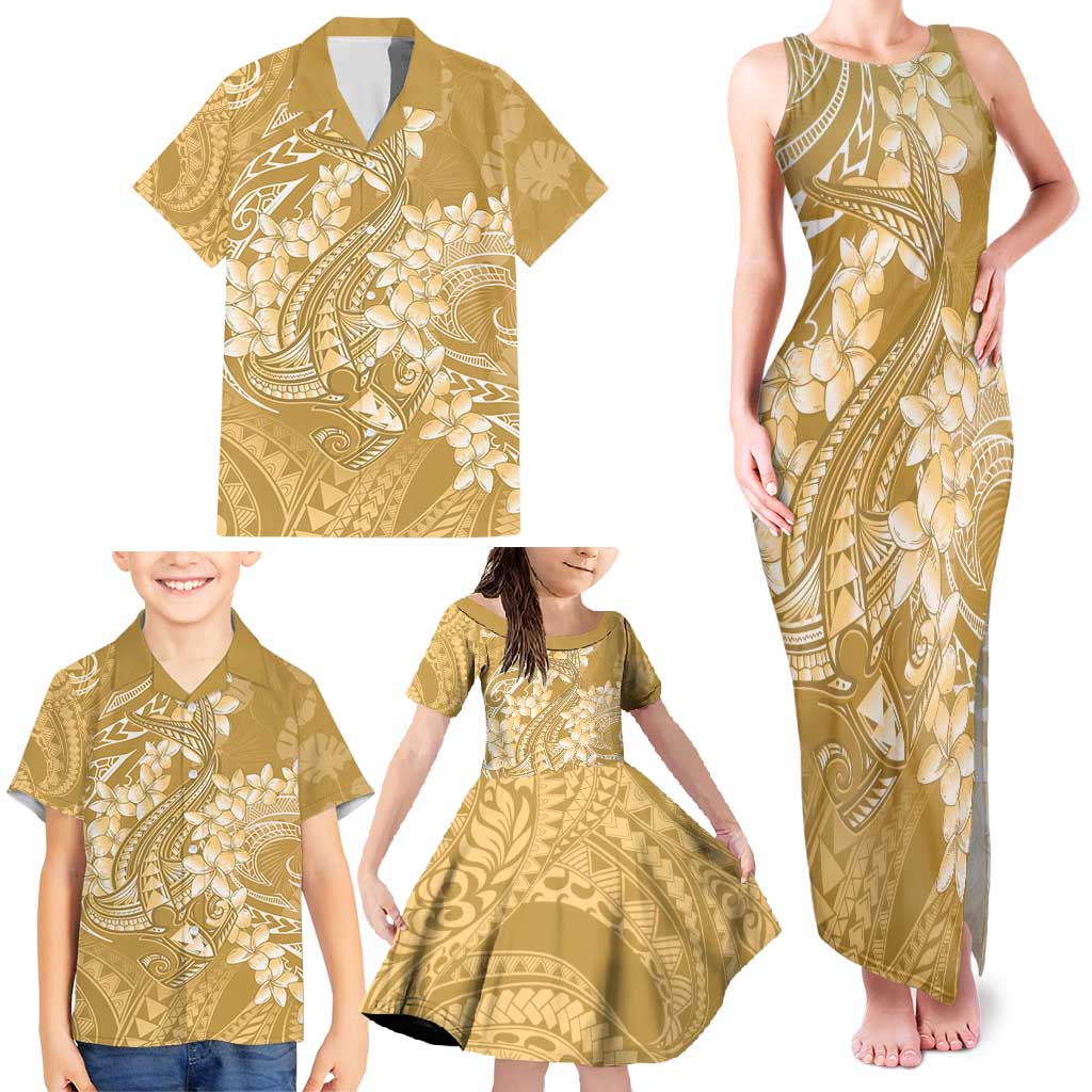 Yellow Polynesia Hammerhead Shark Tattoo With Plumeria Lei Family Matching Tank Maxi Dress and Hawaiian Shirt LT14 - Polynesian Pride