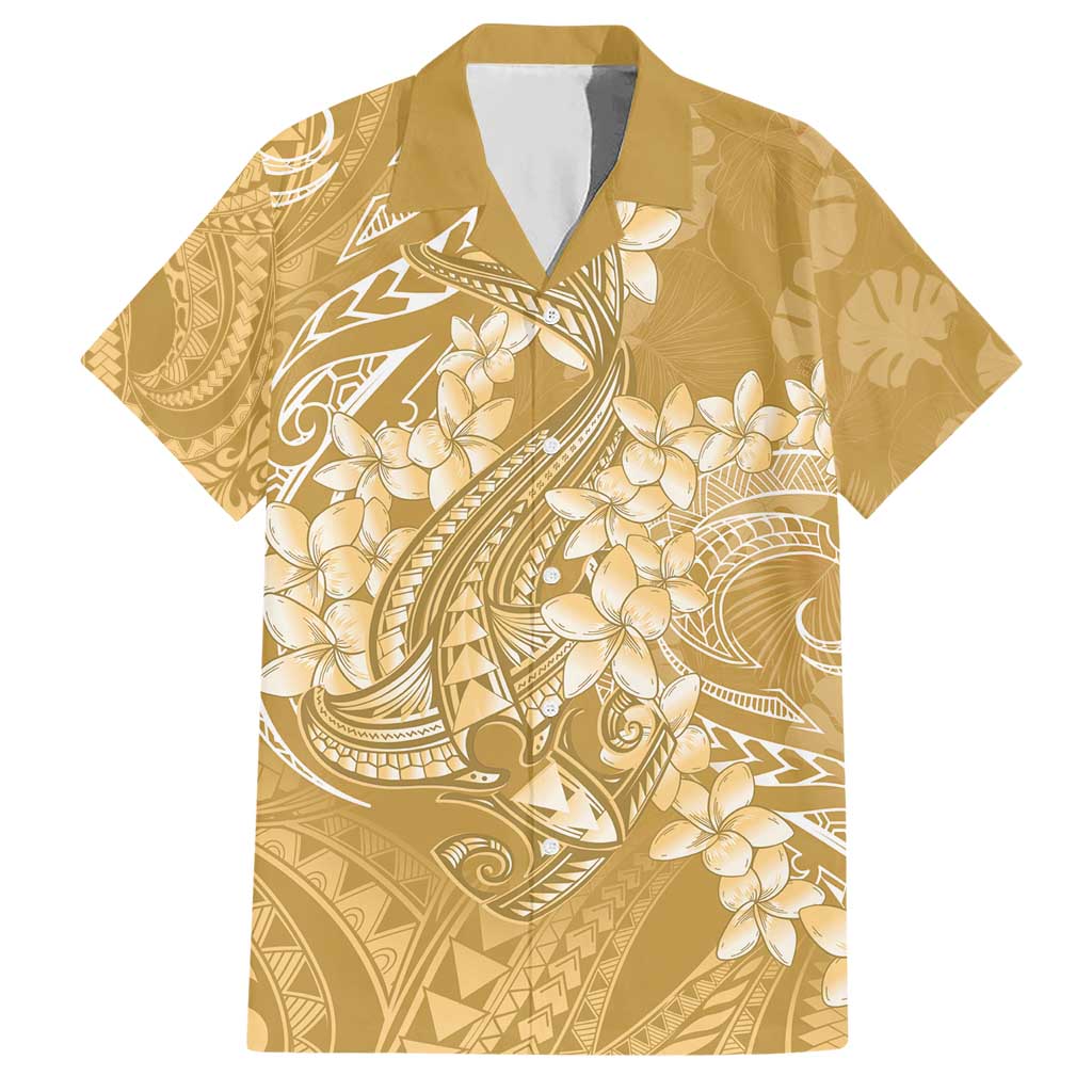 Yellow Polynesia Hammerhead Shark Tattoo With Plumeria Lei Hawaiian Shirt