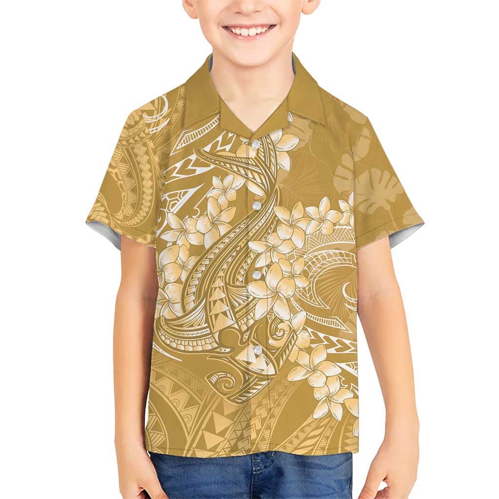 Yellow Polynesia Hammerhead Shark Tattoo With Plumeria Lei Hawaiian Shirt