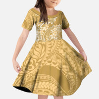 Yellow Polynesia Hammerhead Shark Tattoo With Plumeria Lei Kid Short Sleeve Dress