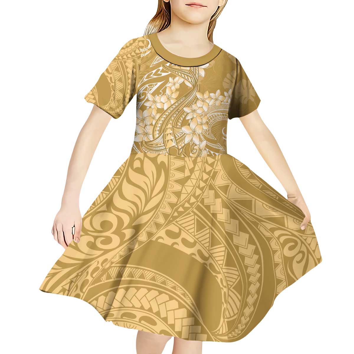 Yellow Polynesia Hammerhead Shark Tattoo With Plumeria Lei Kid Short Sleeve Dress