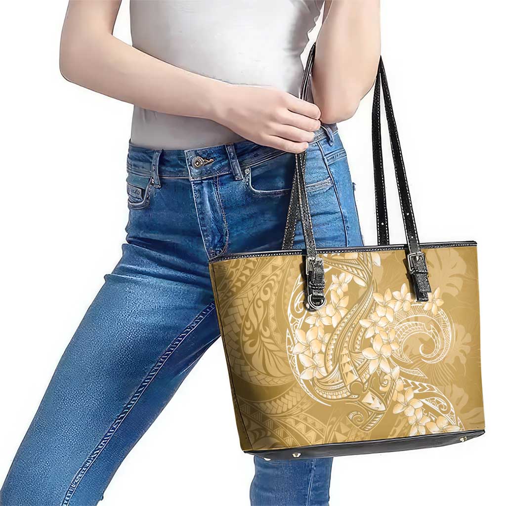Yellow Polynesia Hammerhead Shark Tattoo With Plumeria Lei Leather Tote Bag