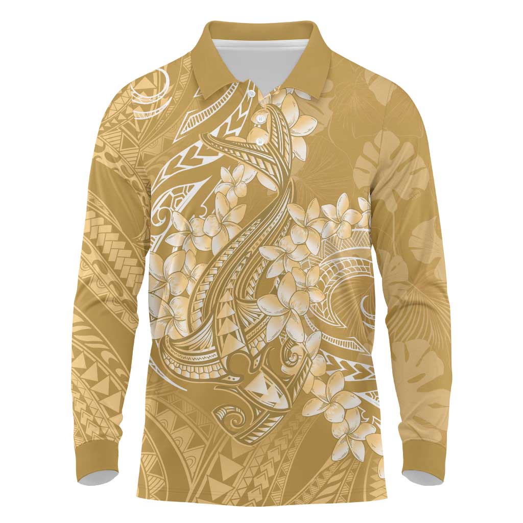 Yellow Polynesia Hammerhead Shark Tattoo With Plumeria Lei Long Sleeve Polo Shirt