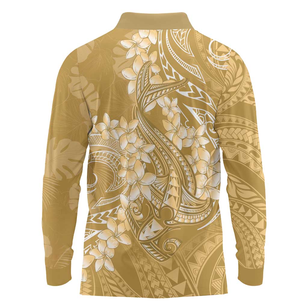 Yellow Polynesia Hammerhead Shark Tattoo With Plumeria Lei Long Sleeve Polo Shirt