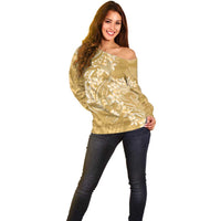 Yellow Polynesia Hammerhead Shark Tattoo With Plumeria Lei Off Shoulder Sweater