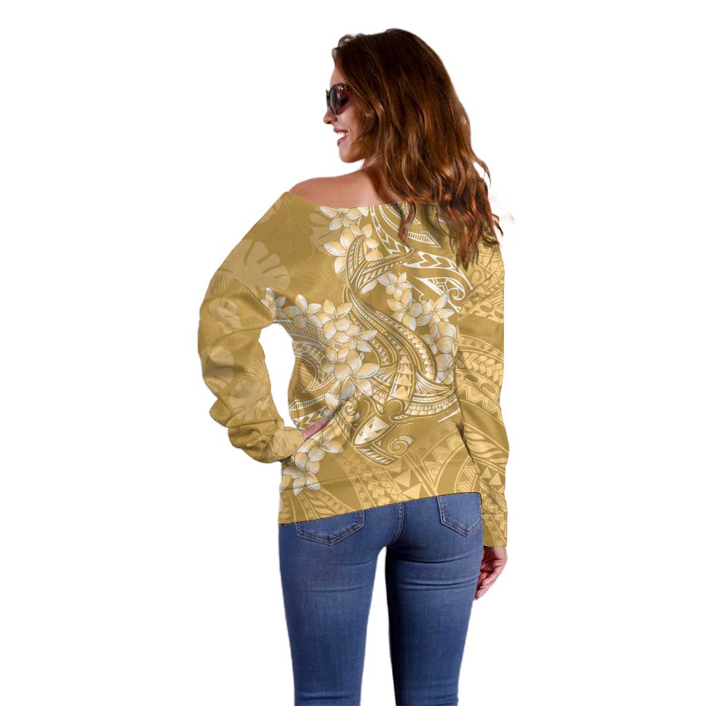 Yellow Polynesia Hammerhead Shark Tattoo With Plumeria Lei Off Shoulder Sweater