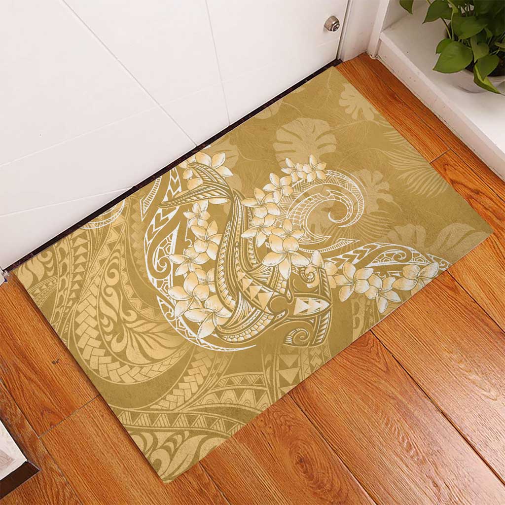 Yellow Polynesia Hammerhead Shark Tattoo With Plumeria Lei Rubber Doormat
