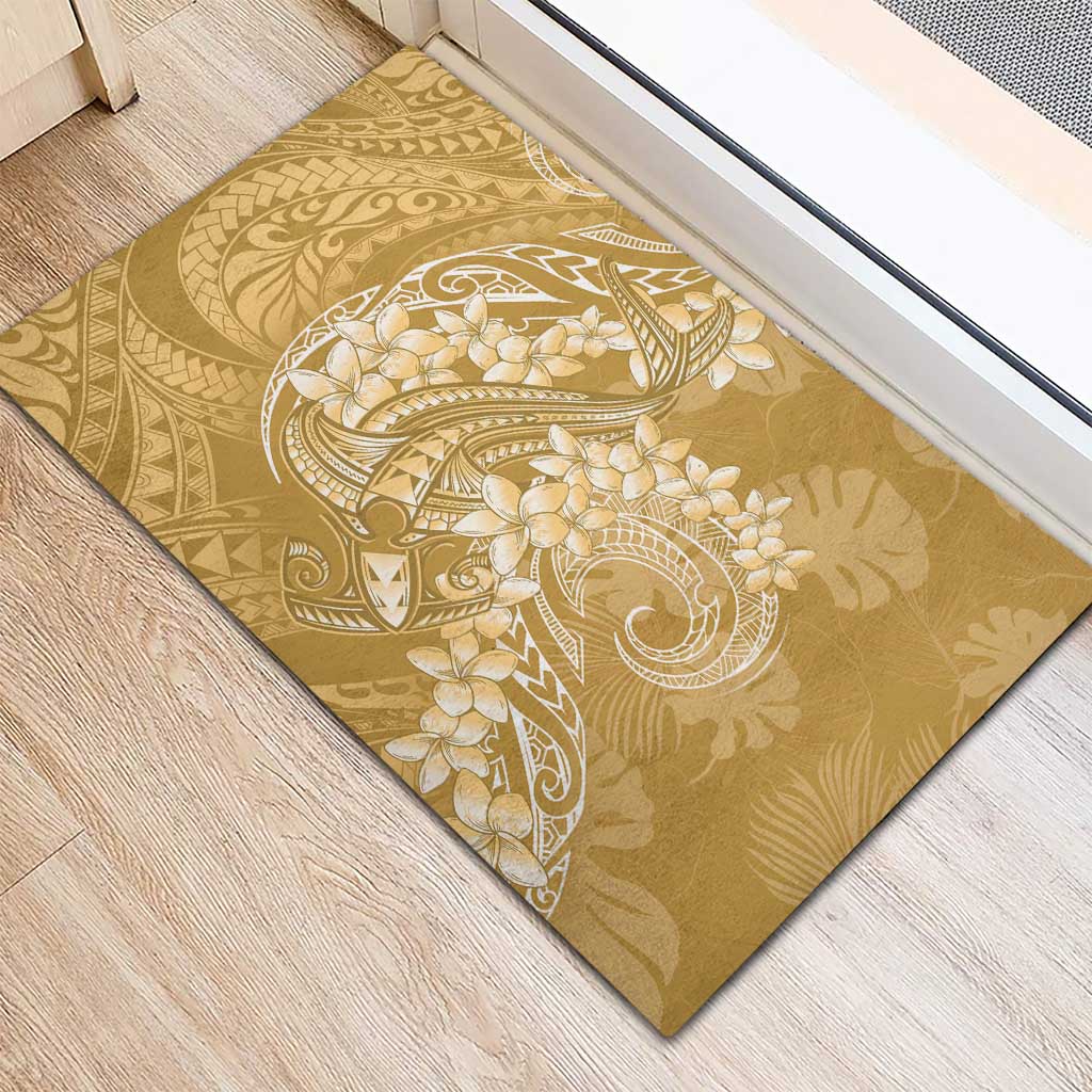 Yellow Polynesia Hammerhead Shark Tattoo With Plumeria Lei Rubber Doormat