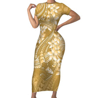 Yellow Polynesia Hammerhead Shark Tattoo With Plumeria Lei Short Sleeve Bodycon Dress