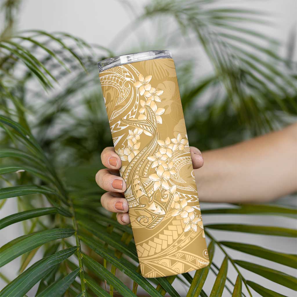 Yellow Polynesia Hammerhead Shark Tattoo With Plumeria Lei Skinny Tumbler