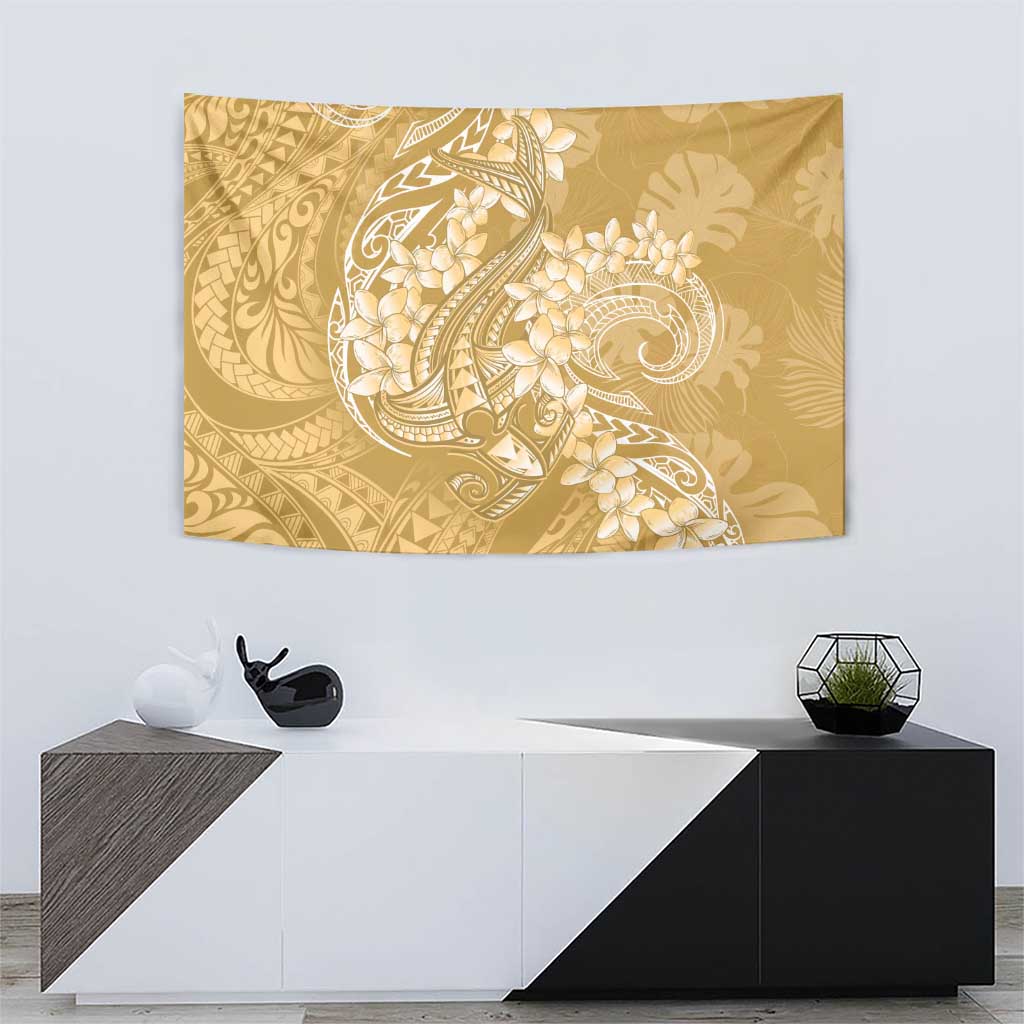 Yellow Polynesia Hammerhead Shark Tattoo With Plumeria Lei Tapestry
