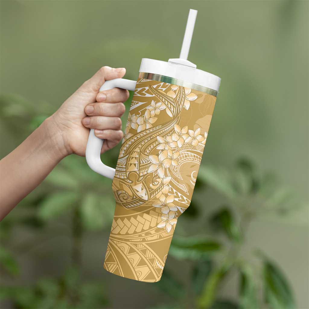 Yellow Polynesia Hammerhead Shark Tattoo With Plumeria Lei Tumbler With Handle LT14 - Polynesian Pride