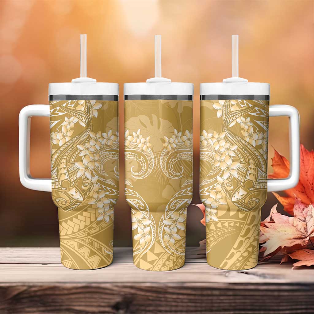 Yellow Polynesia Hammerhead Shark Tattoo With Plumeria Lei Tumbler With Handle LT14 - Polynesian Pride