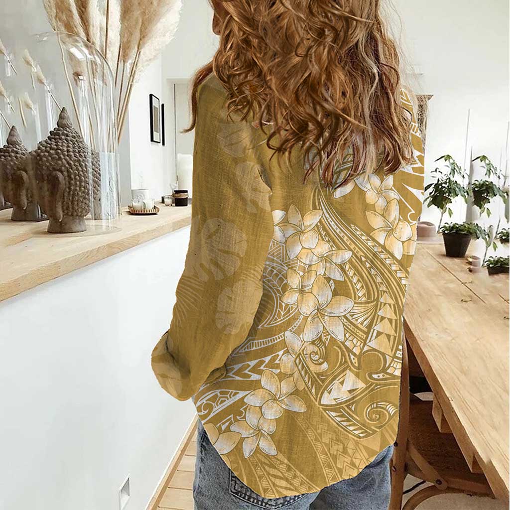 Yellow Polynesia Hammerhead Shark Tattoo With Plumeria Lei Women Casual Shirt